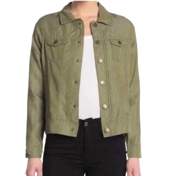TAHARI Olive Green Lyocell Utility Jacket Button Snap Closure Lightweight Size L - Picture 1 of 14